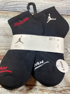 Jordan Kids Ankle Socks 6-Pack – Black Cushioned (Size 5Y–7Y)